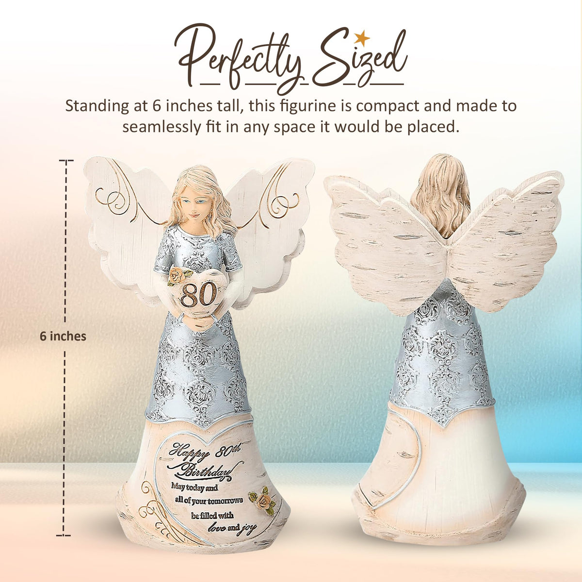 Pavilion 6-inch angel figurine features silver gown and rose detailing for peaceful decor.