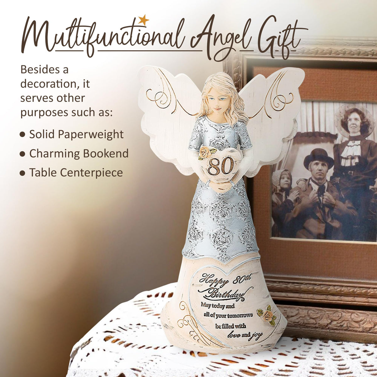 Pavilion 80th birthday angel on shelf adds warm, comforting décor.