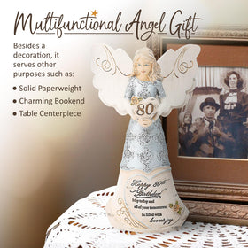 Pavilion 80th birthday angel on shelf adds warm, comforting décor.
