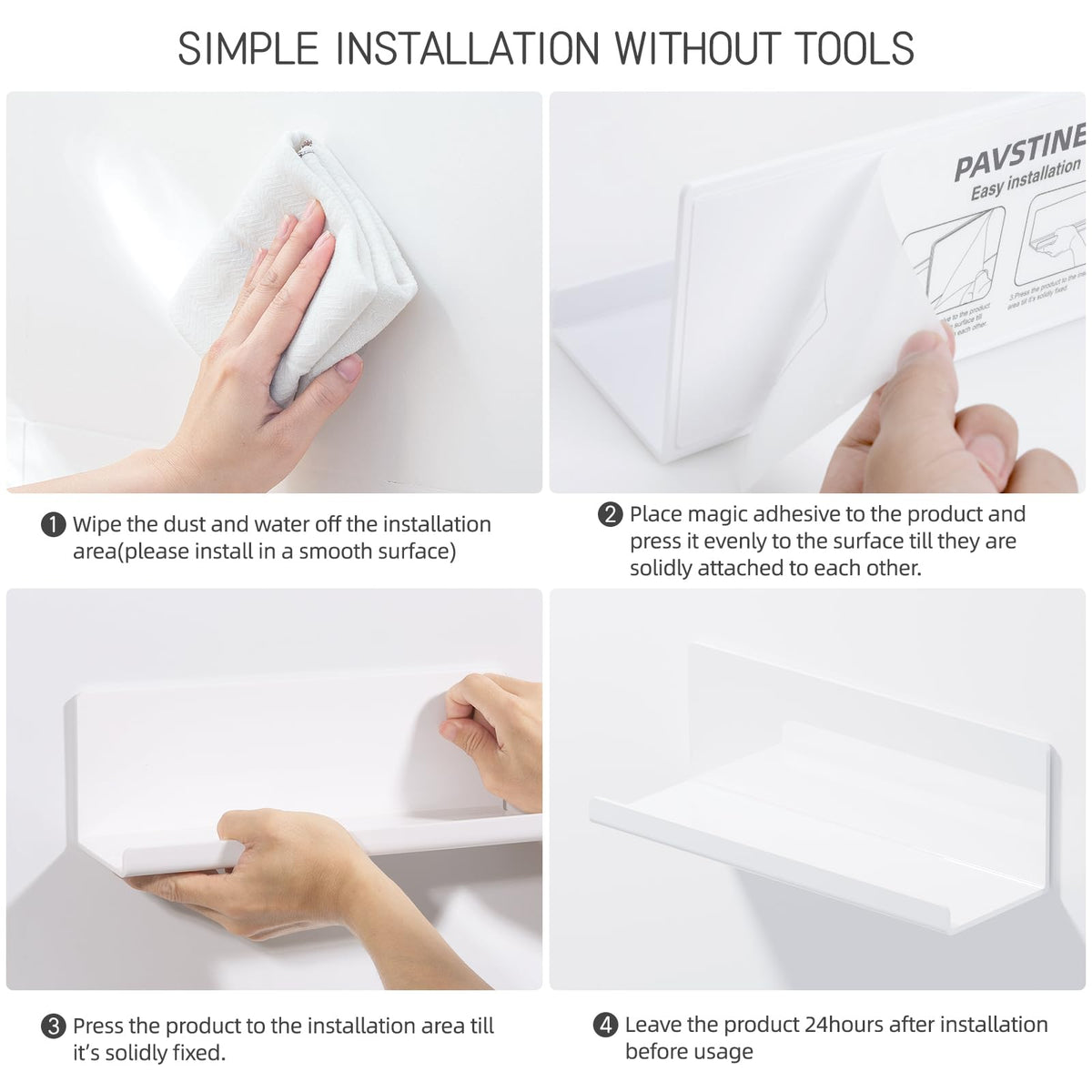 PAVSTINE acrylic wall floating shelves no-drill installation with strong adhesive.