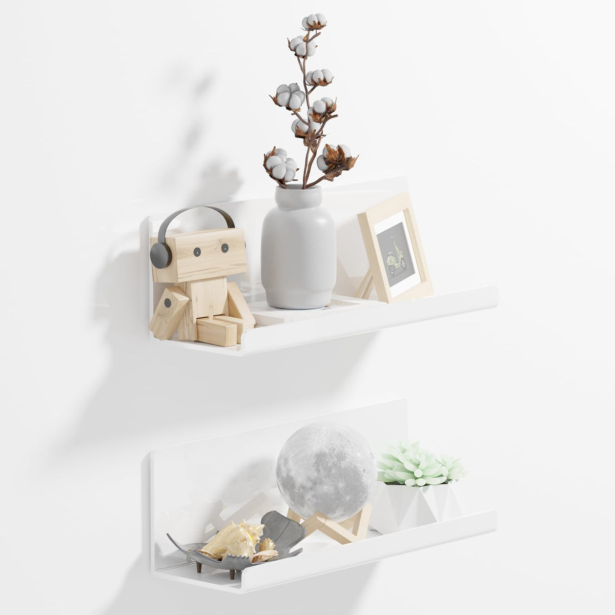 PAVSTINE acrylic wall floating shelves in white, front view highlighting sleek, rust-free storage and space-saving display.
