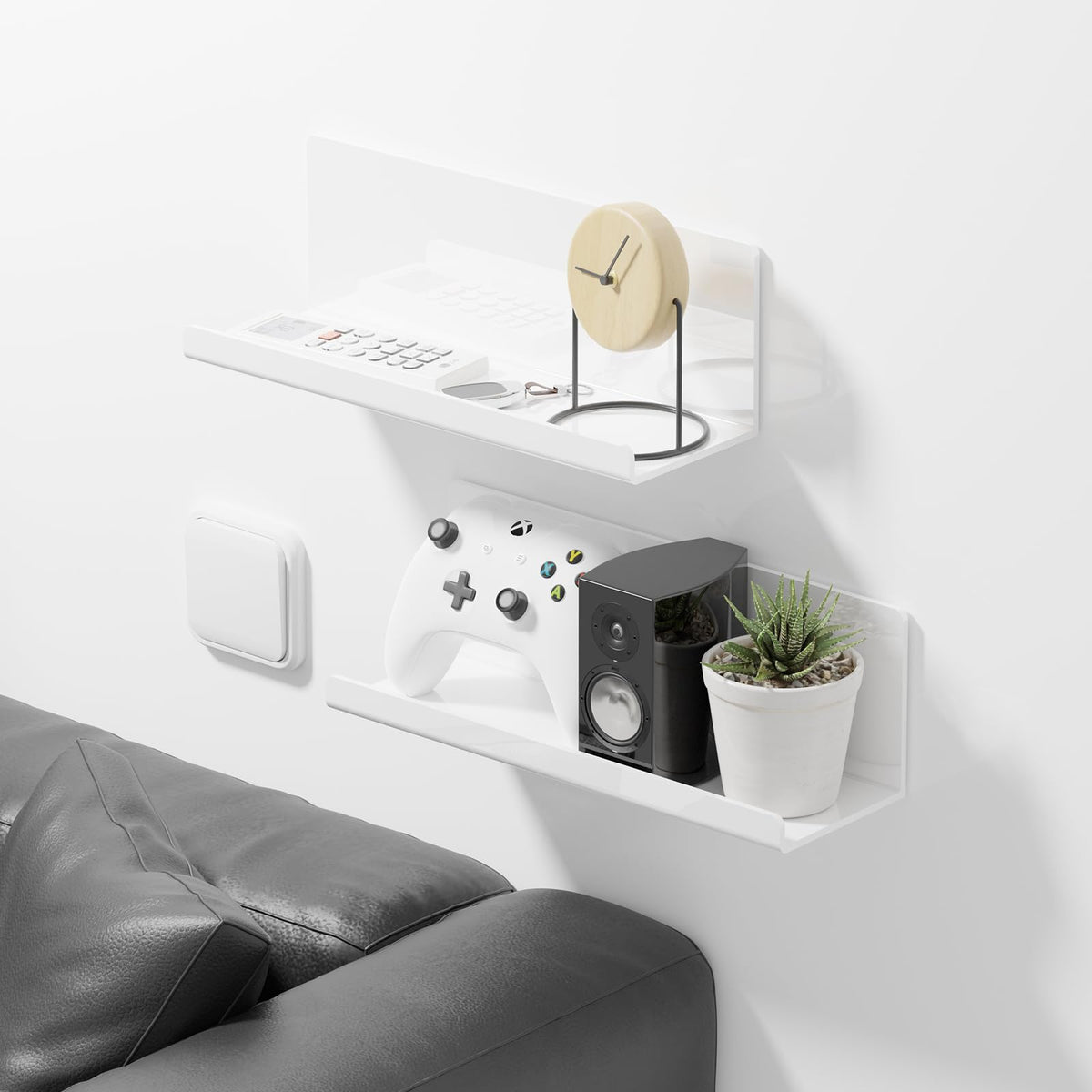 PAVSTINE acrylic wall shelves mounted on wall, white finish for modern bathrooms and kitchens.