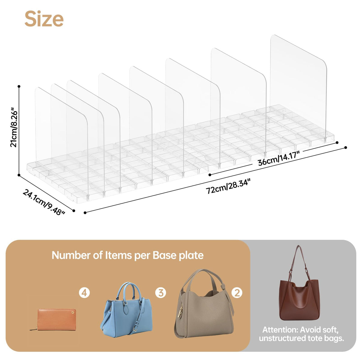 PAVSTINE clear shelf dividers arranged for four-per-set, keeping purses upright.