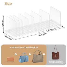 PAVSTINE clear shelf dividers arranged for four-per-set, keeping purses upright.