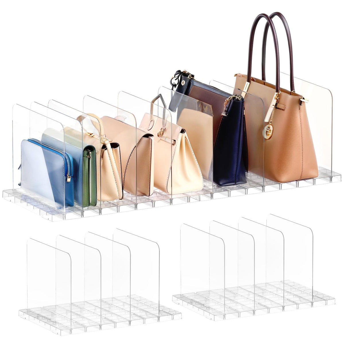 PAVSTINE Purse Organizer in closet with stackable base, showcasing organized bags.