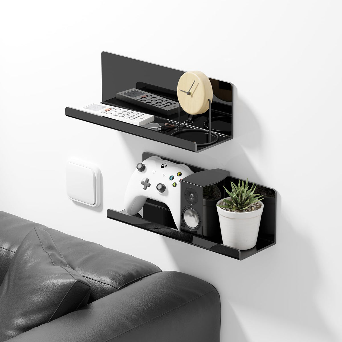 PAVSTINE self-adhesive floating shelf shown in bathroom use with tidy toiletries