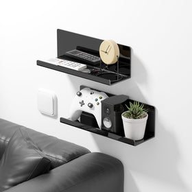 PAVSTINE self-adhesive floating shelf shown in bathroom use with tidy toiletries