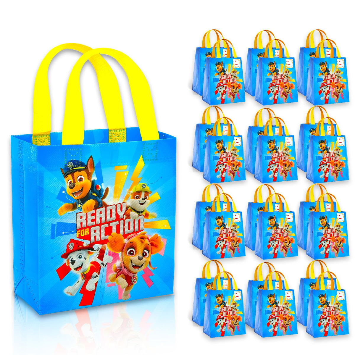 Paw Patrol party tote bag set featuring Chase, Marshall, Skye, and Rubble, ideal as party favors.
