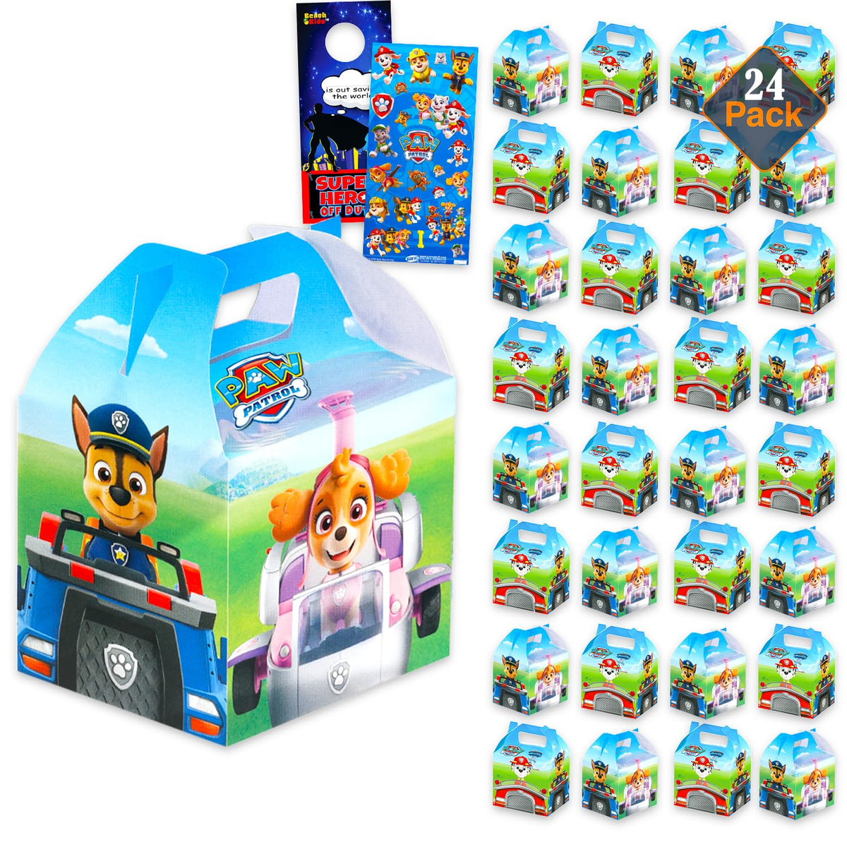 Paw Patrol treat boxes with 24 pieces, perfect for birthday party favors and on-the-go rewards.