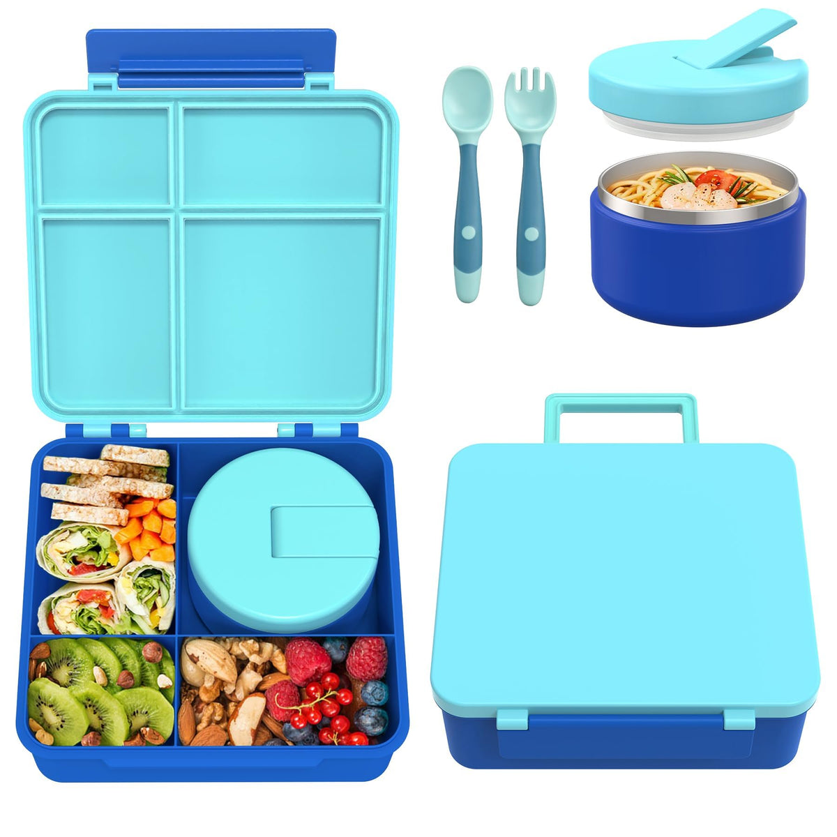 Pawtong bento lunch box with blue lid showing organized four compartments for balanced meals
