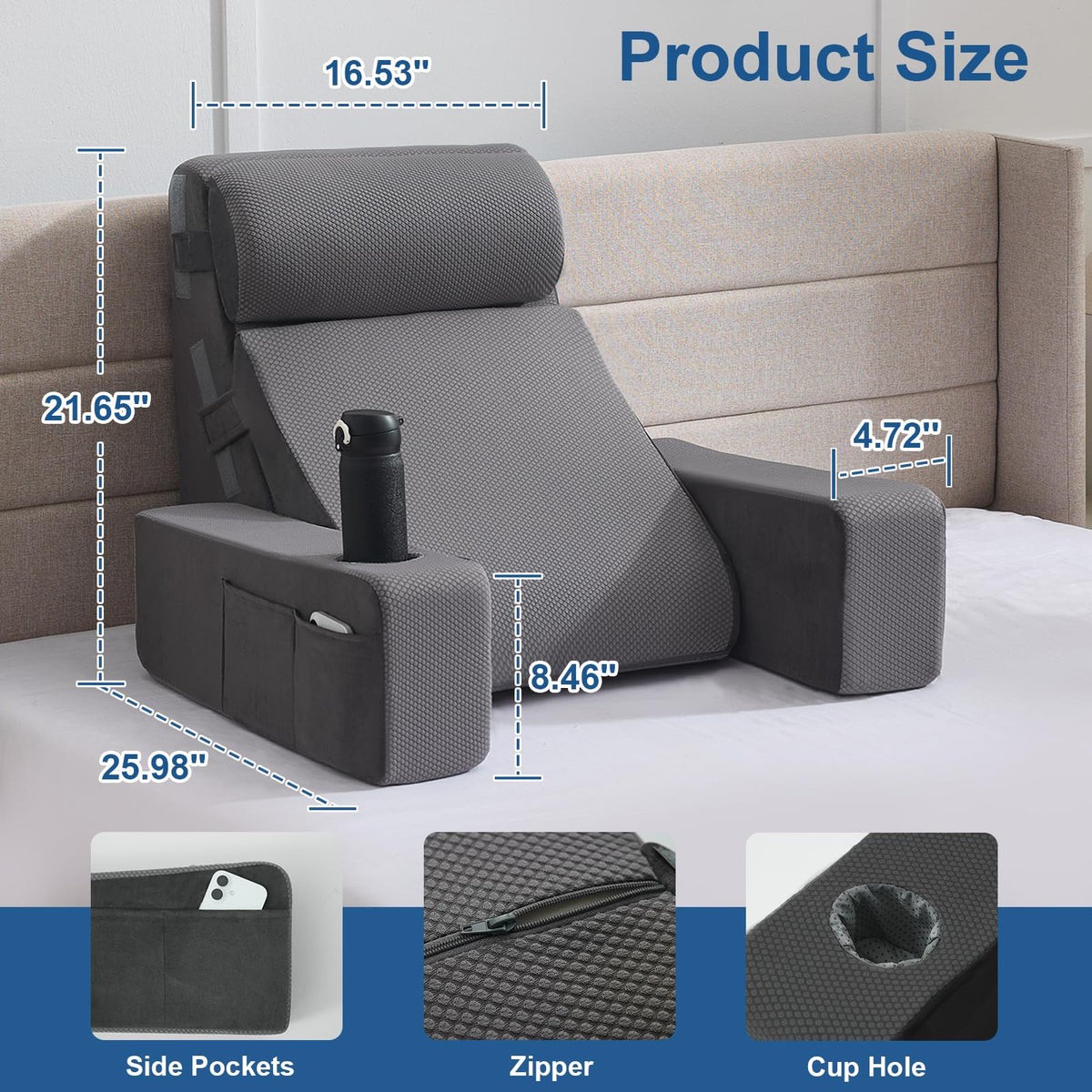 Paxato bed pillow with pocket and cup holder keeps essentials within reach