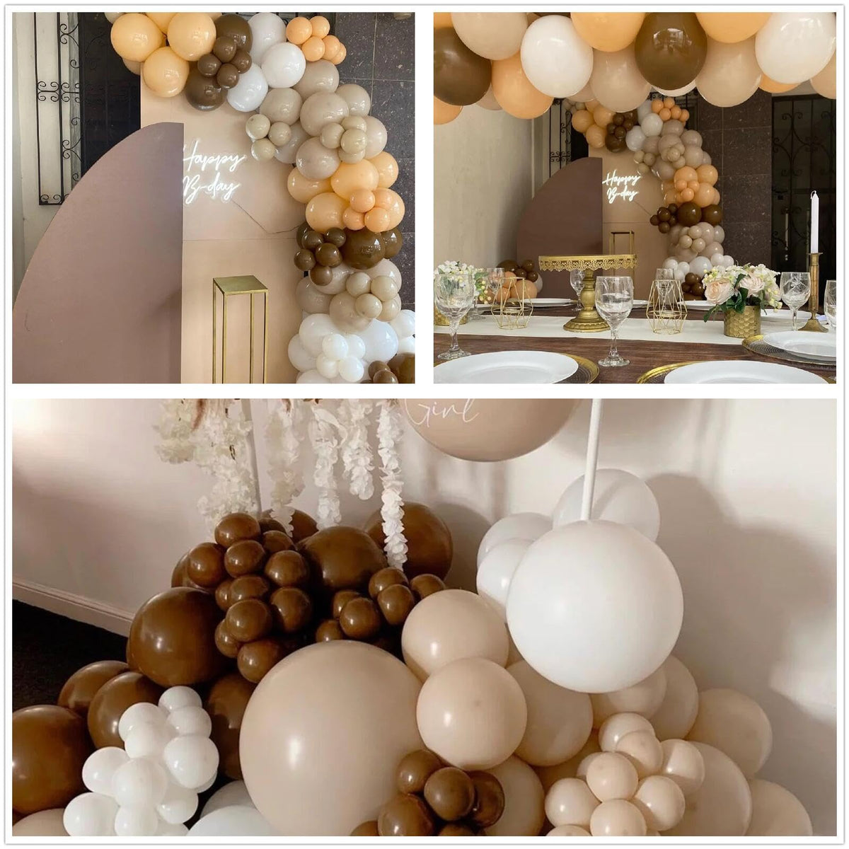 Paxile neutral balloon arch kit contents layout showing complete decorating options
