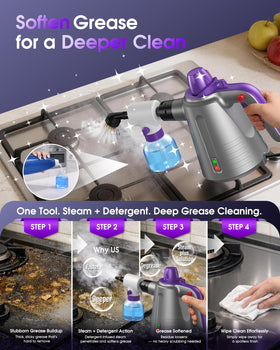Paxyeet handheld steam cleaner removes bathroom soap scum effectively.