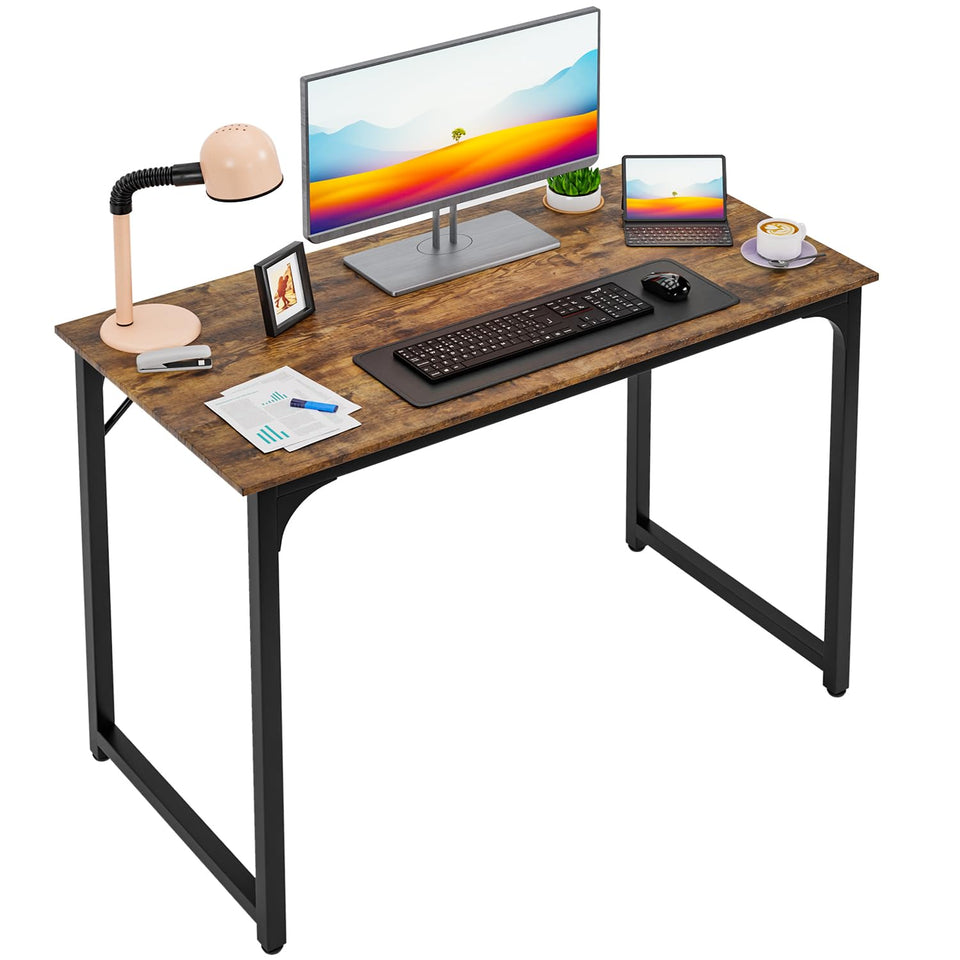 PayLessHere 39 inch computer desk in brown with a steel frame for a sturdy home office.