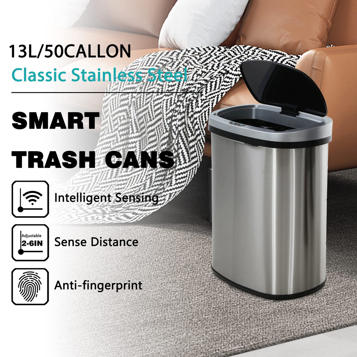 PayLessHere 50L oval trash bin stainless steel for modern spaces.