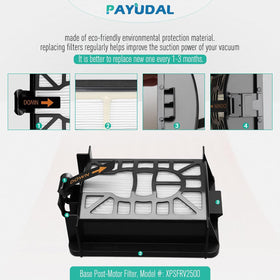PAYUDAL base post-motor HEPA filter helps trap fine particles in the exhaust.