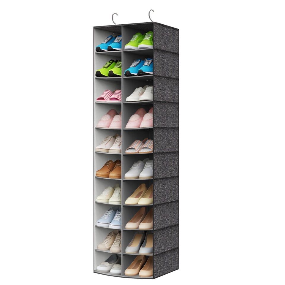 Pcaelin hanging shoe organizer with 20 wide compartments for clutter-free closet shelves.