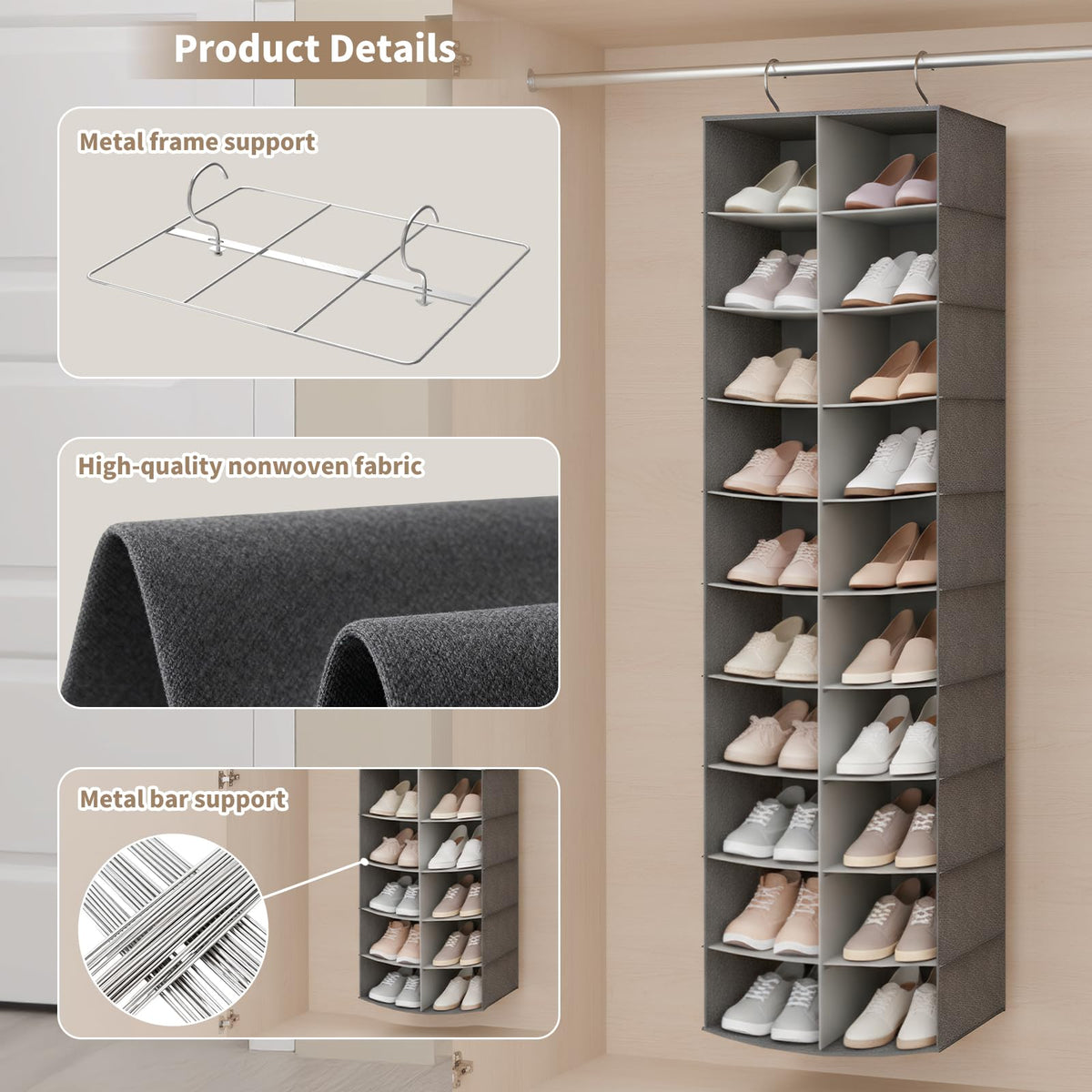 Pcaelin multi-purpose storage keeps shoes, clothes, and accessories neatly organized.