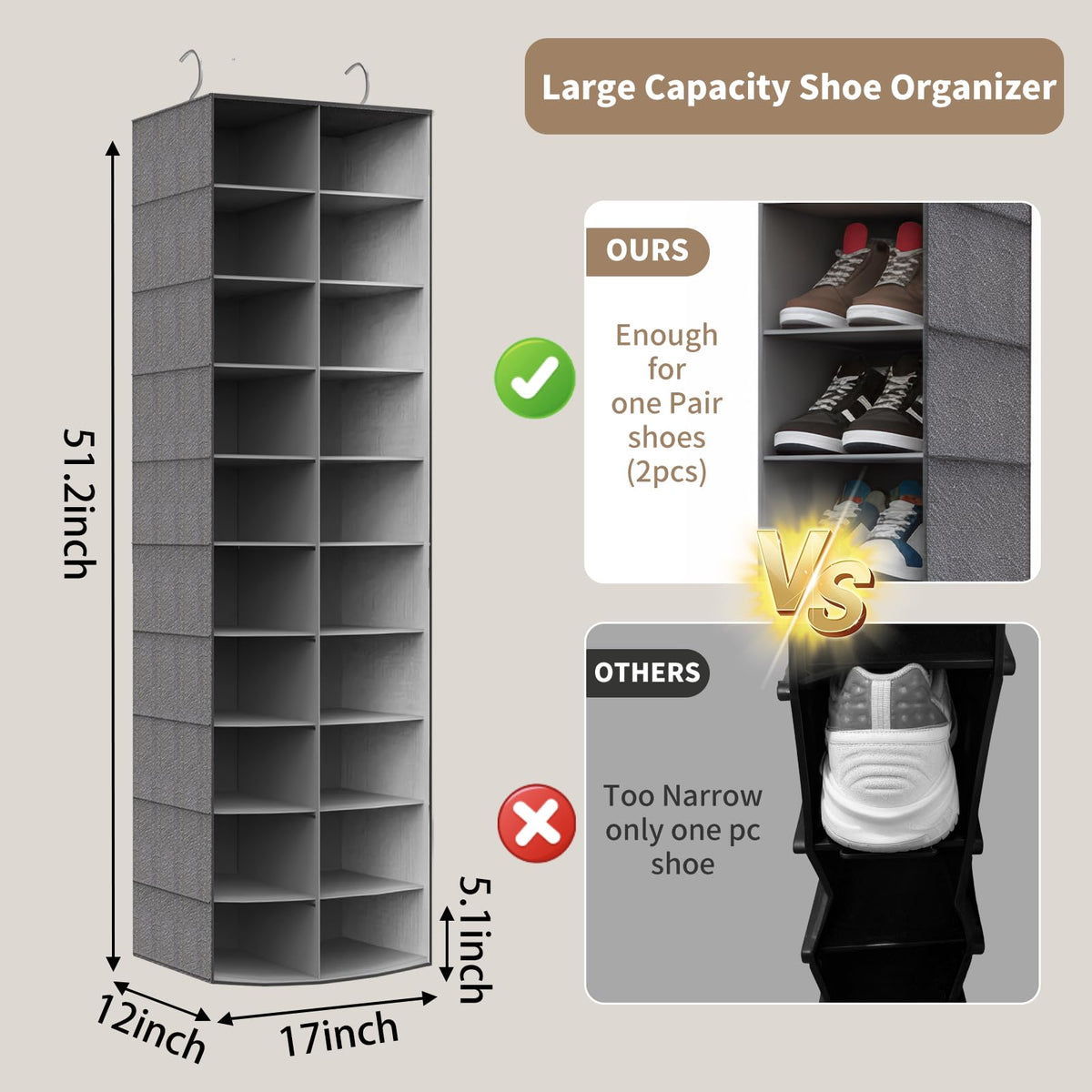 Pcaelin tool-free installation using two metal hooks on a standard closet rod.
