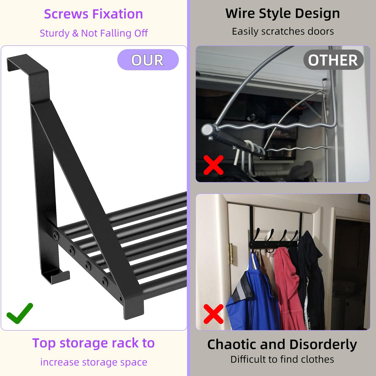 PDBADA matte black over the door hanger shown in a bedroom setup for compact storage.