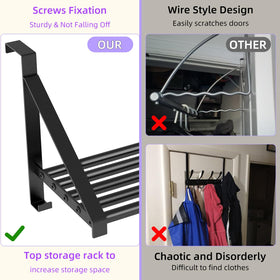 PDBADA matte black over the door hanger shown in a bedroom setup for compact storage.