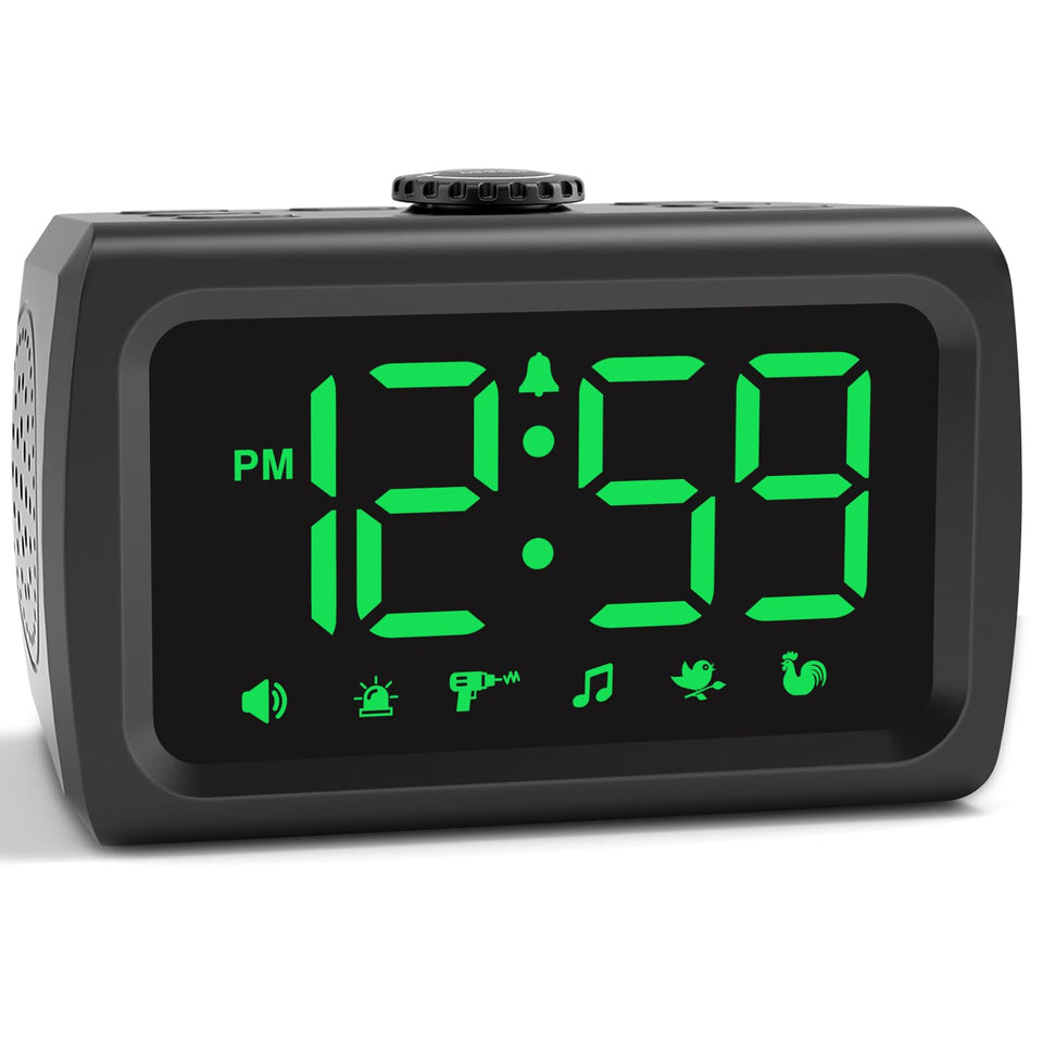 Peakeep 115dB alarm clock front view shows powerful wake capability for heavy sleepers.