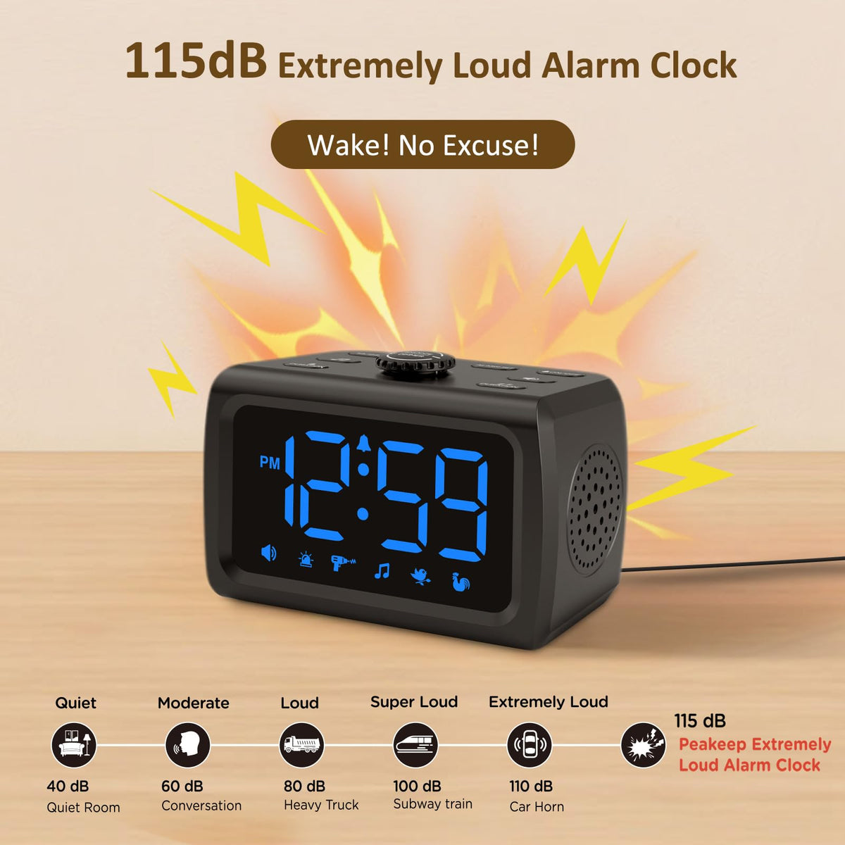 Peakeep clock side display highlights large numbers for quick daytime visibility.