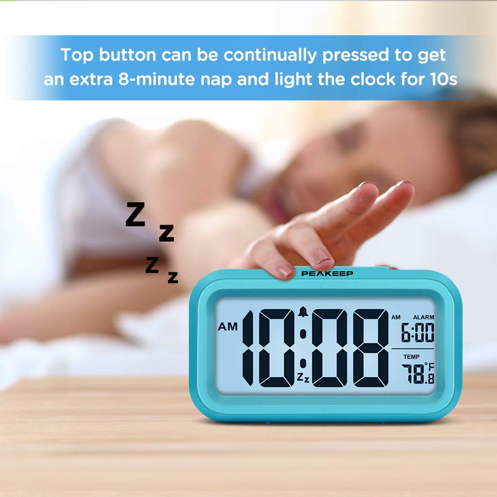 Peakeep blue clock with indoor temperature gauge helps monitor room conditions