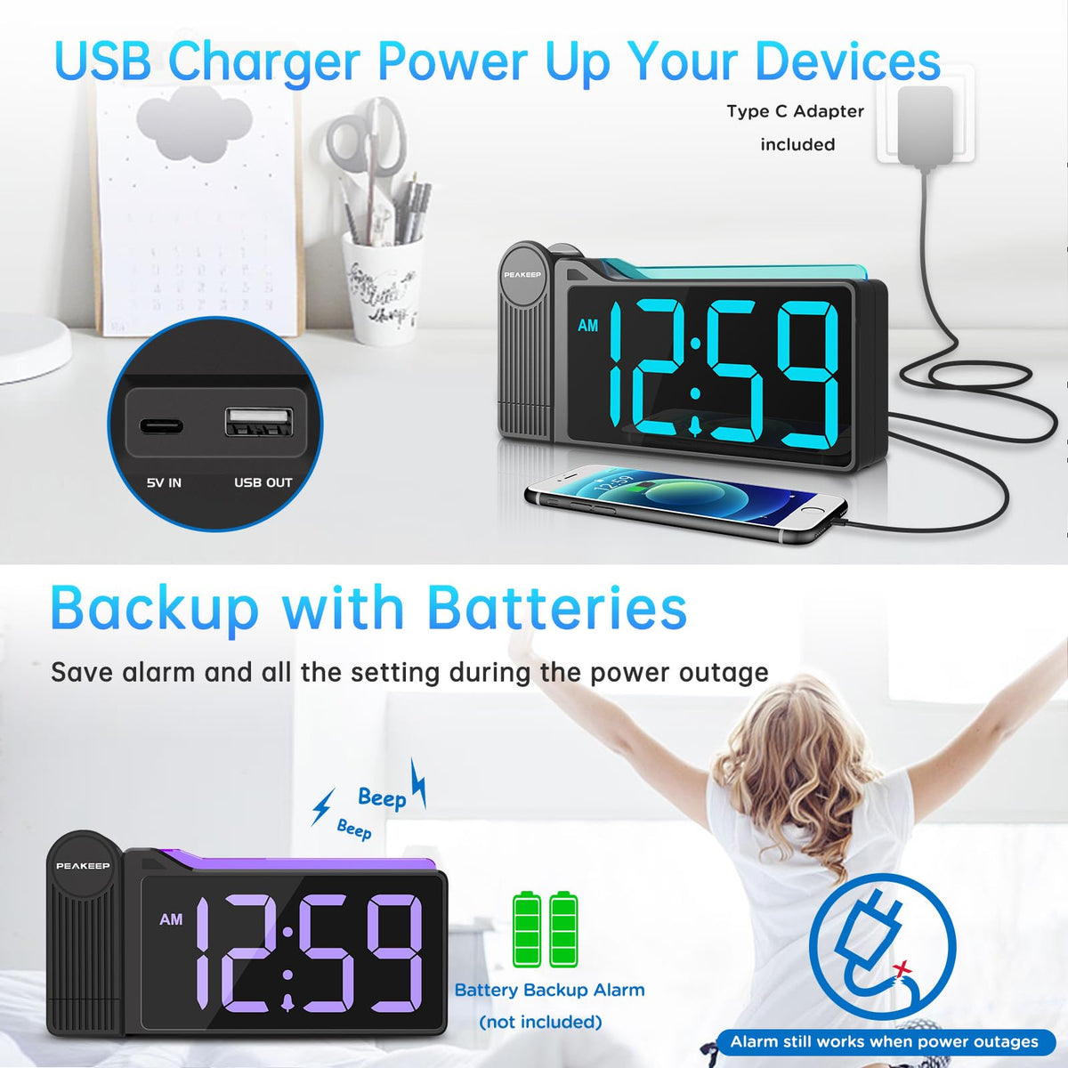 Peakeep clock with six brightness levels for comfortable night viewing.