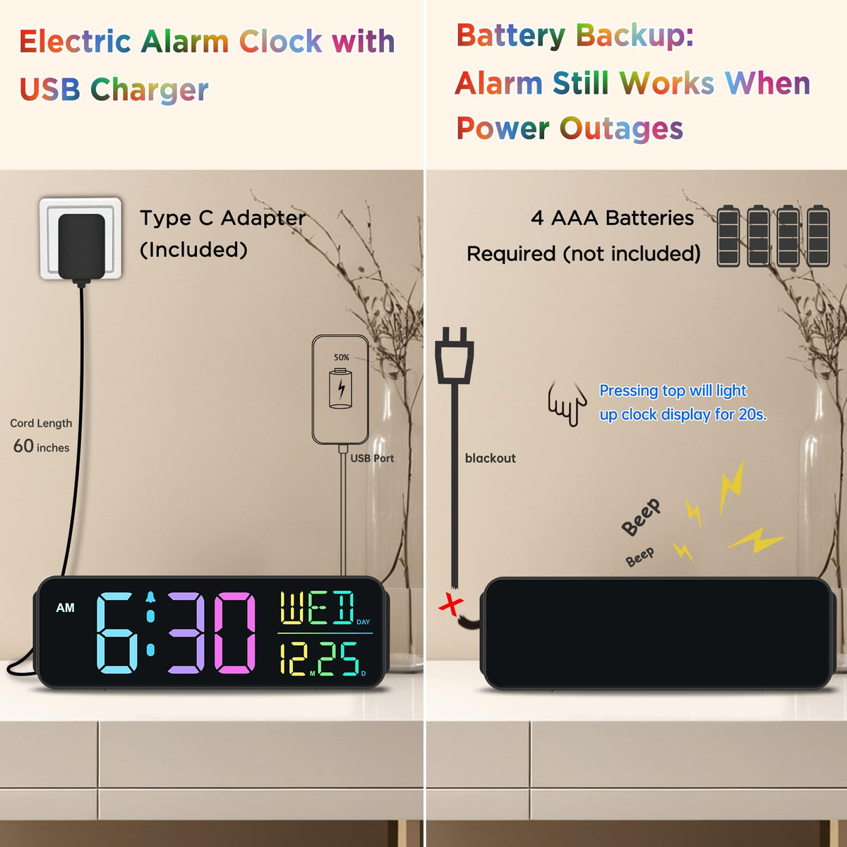 Peakeep alarm clock with battery backup preserves settings during outages.