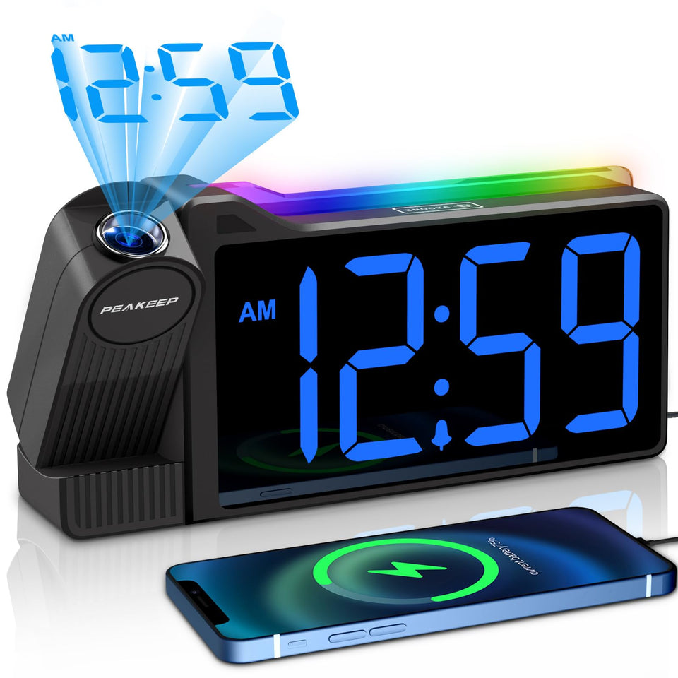 Peakeep projection clock with ceiling rotation for easy night viewing.