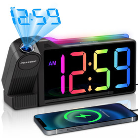 Peakeep Projection Alarm Clock on ceiling with 180-degree projection for easy bed viewing.