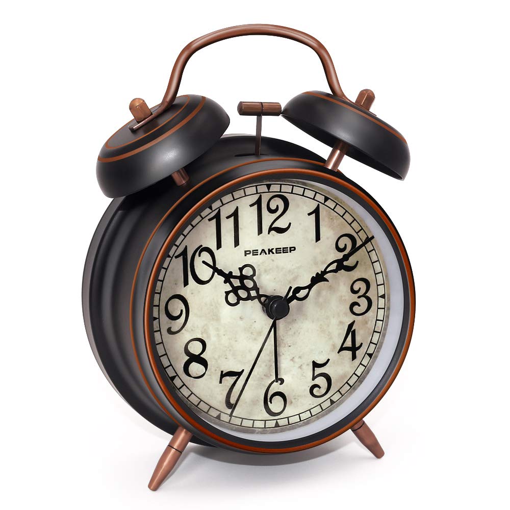 Peakeep retro twin-bell clock front view in black with bold numerals for bedside wakefulness.