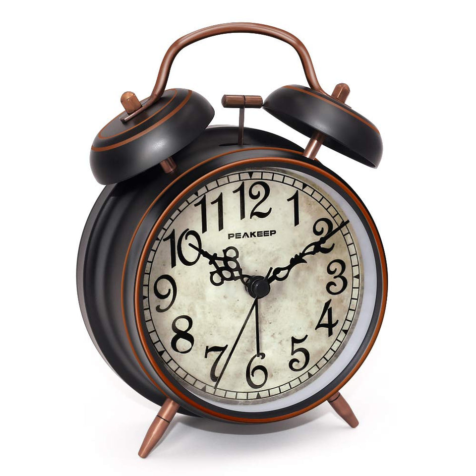 Peakeep retro twin-bell clock front view in black with bold numerals for bedside wakefulness.