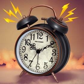 Peakeep retro twin-bell clock side view highlighting classic design and compact bedside fit.