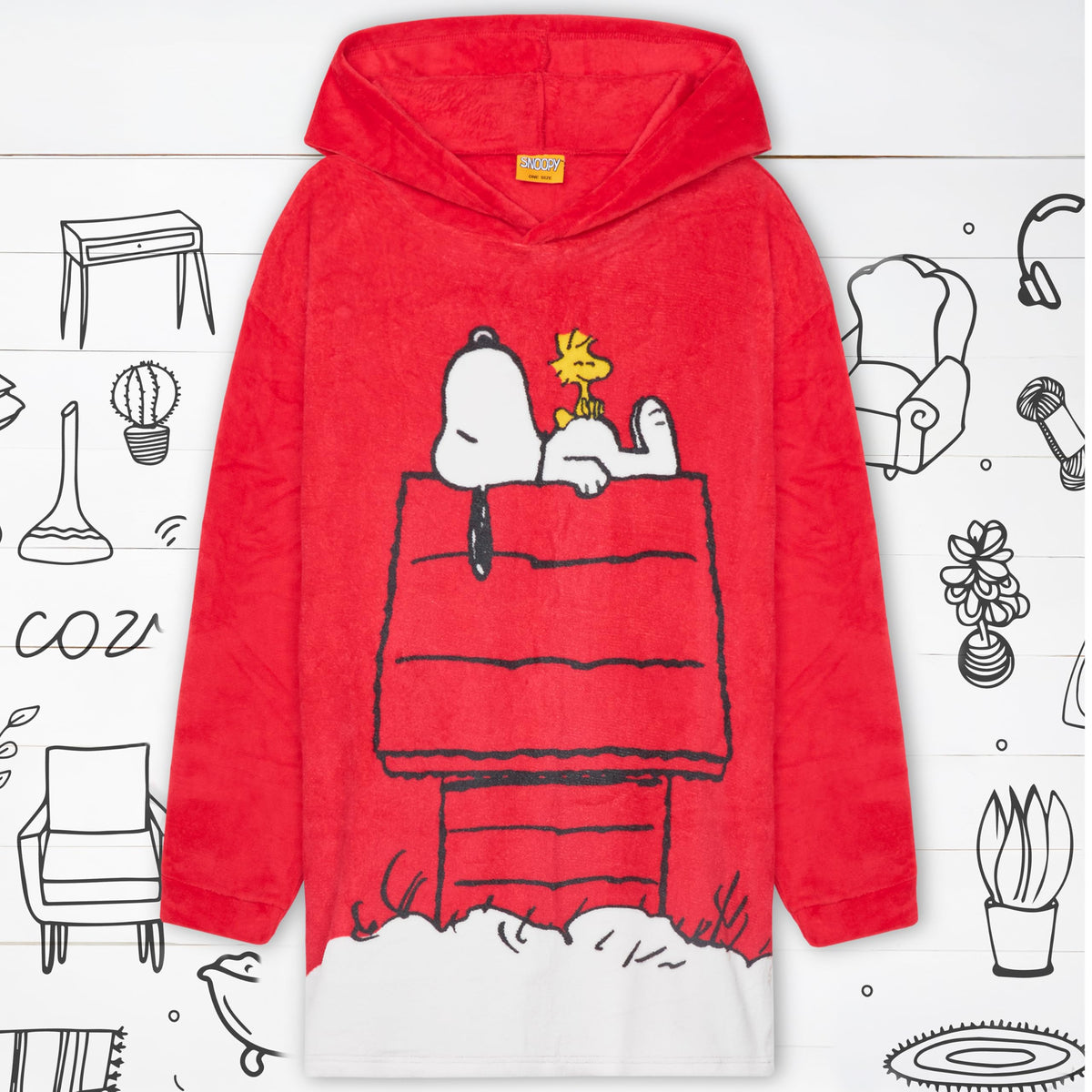 Gift-ready Peanuts Snoopy hoodie blanket packaging for Snoopy fans.
