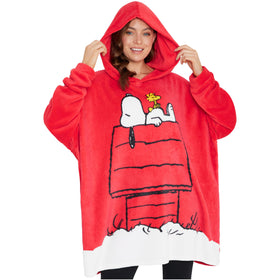 Peanuts Snoopy hoodie blanket close-up shows soft fleece texture for cozy lounging.
