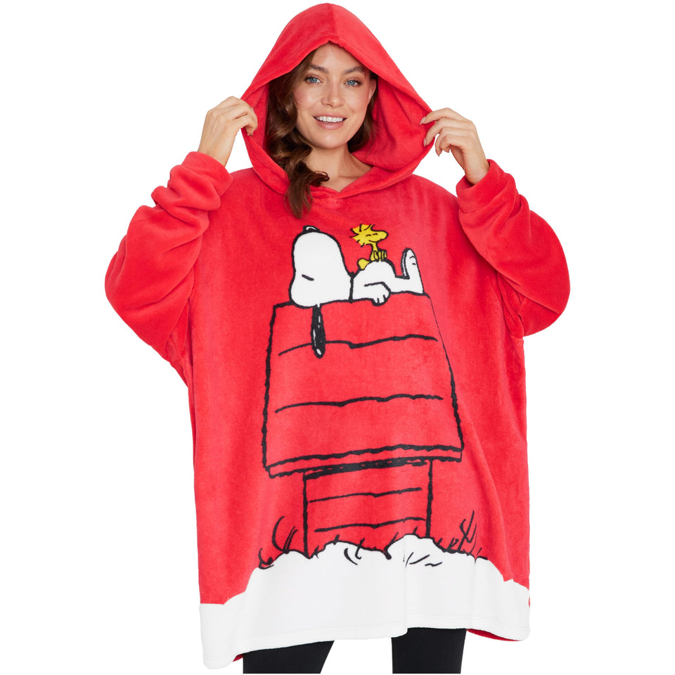 Peanuts Snoopy hoodie blanket close-up shows soft fleece texture for cozy lounging.