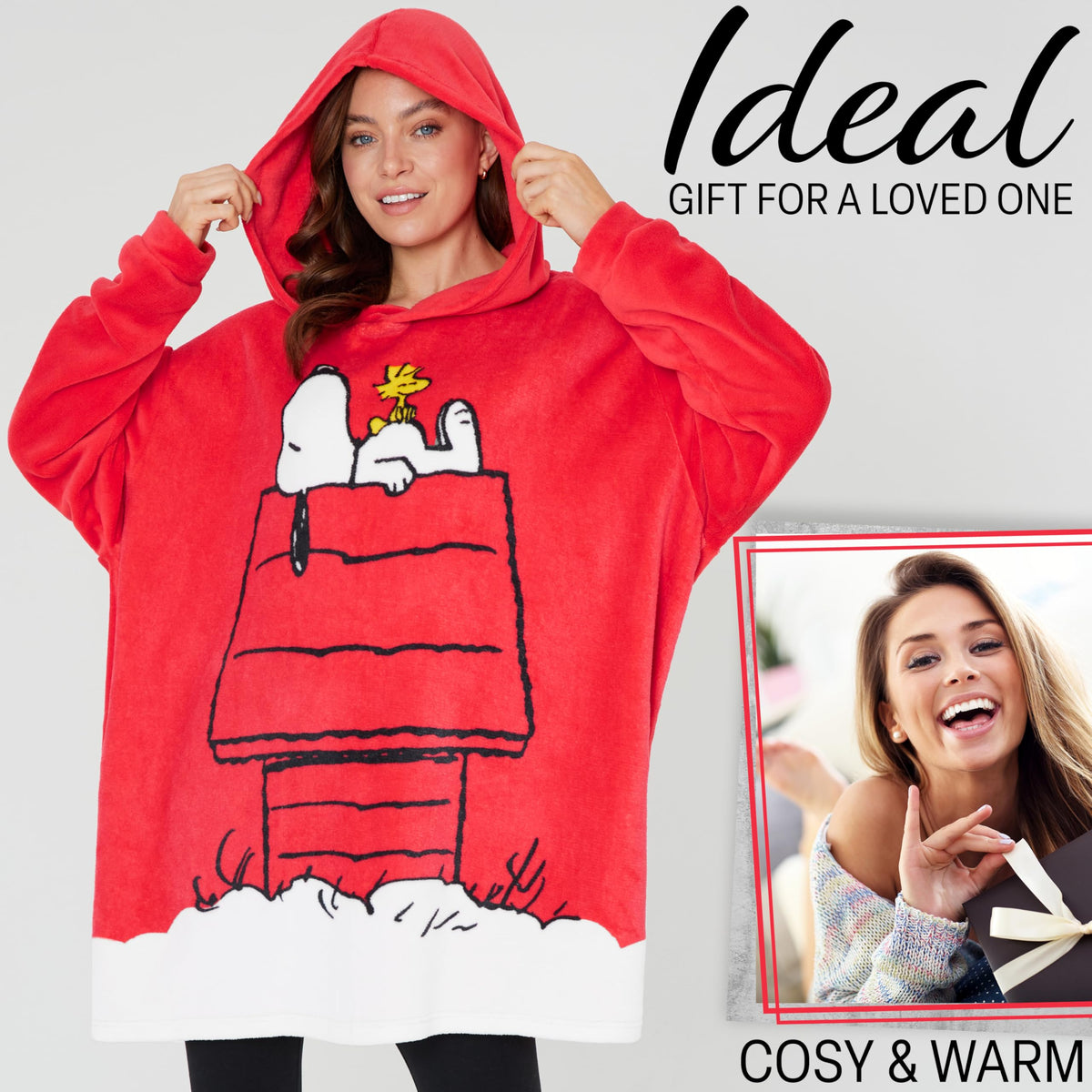Peanuts Snoopy hoodie blanket pullover design demonstrates easy wear and comfort.