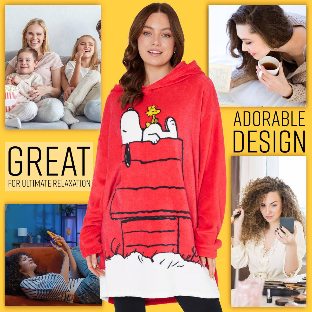 Woman wearing Peanuts Snoopy hoodie blanket for a relaxed movie night.