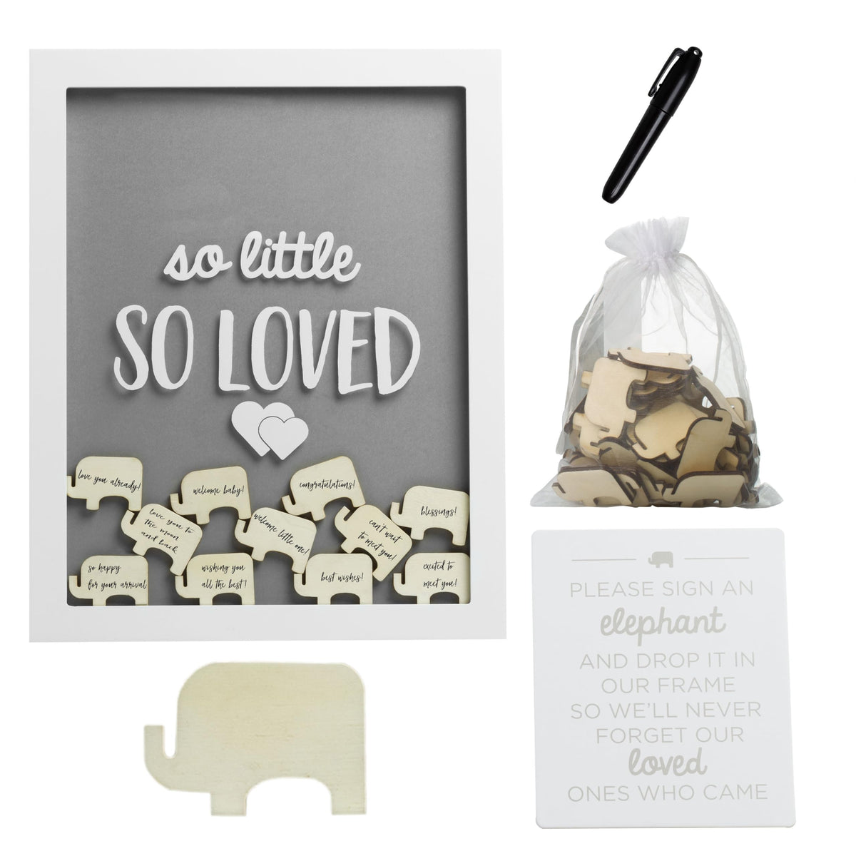 Pearhead So Little So Loved wooden elephant token frame setup for heartfelt guest messages.