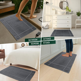 Absorbent cotton weave shown on a tiled bathroom floor.