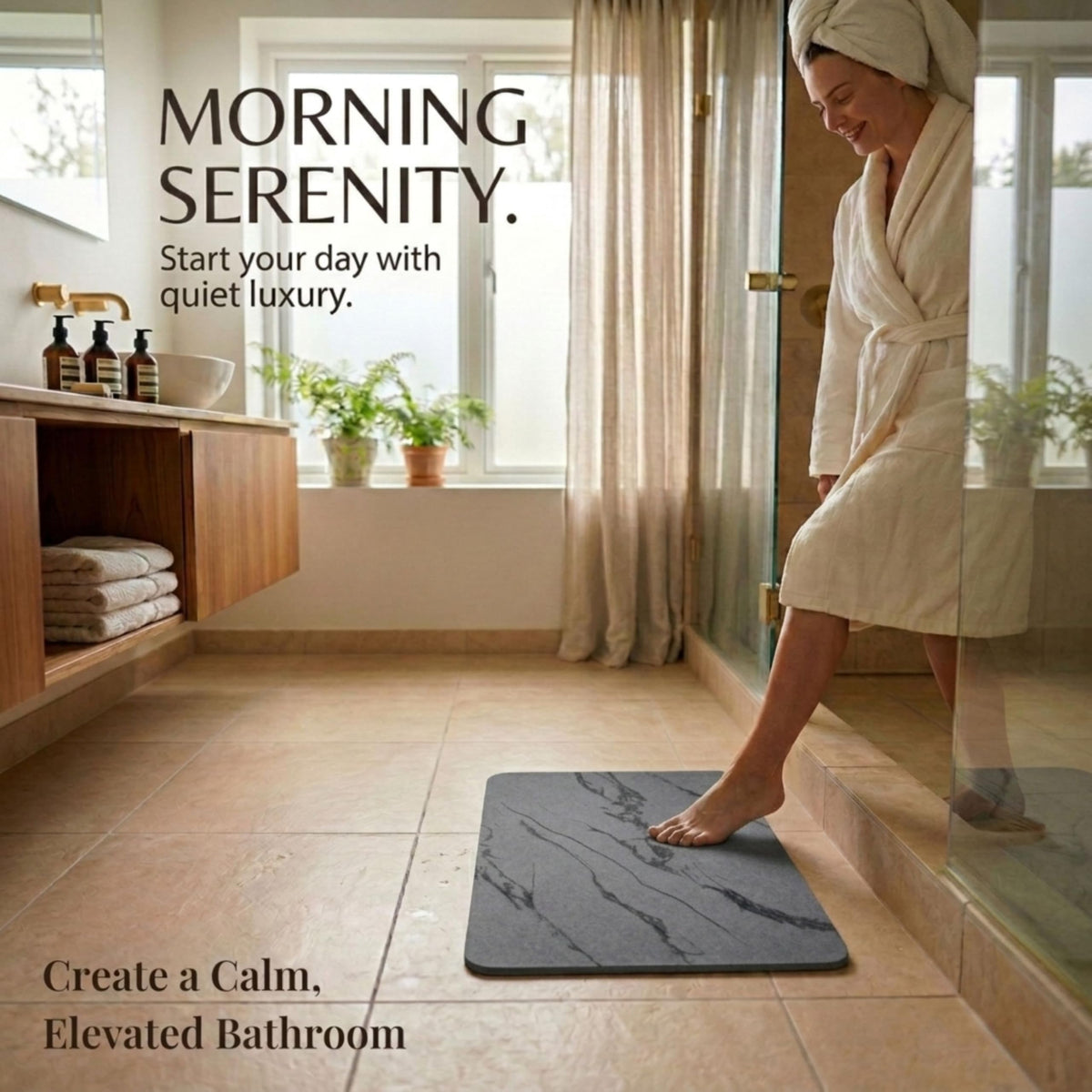 Pebble Nest diatomite bath mat offers rapid absorption for clean floors.