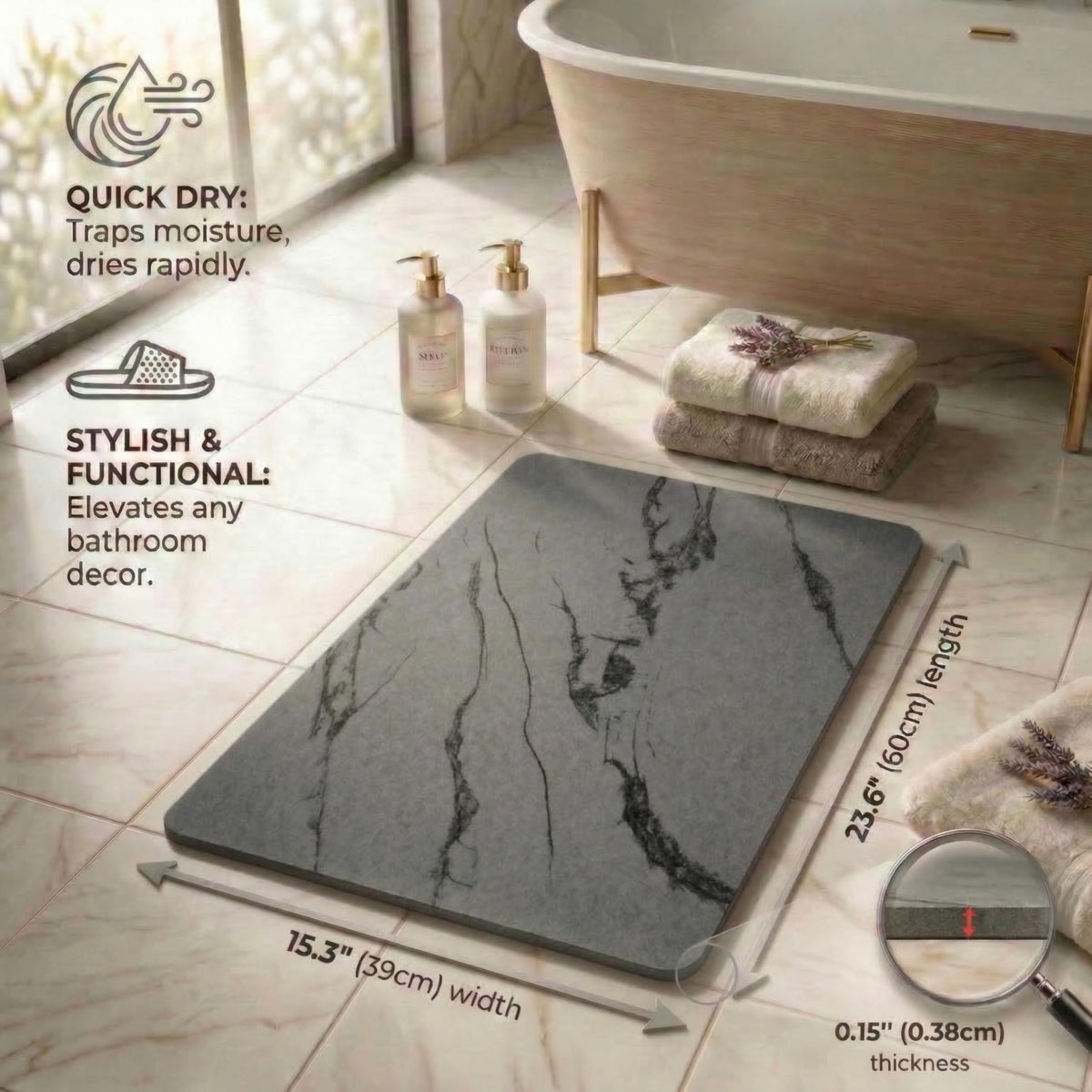 Pebble Nest easy-clean diatomite mat cleans with rinse or wipe.
