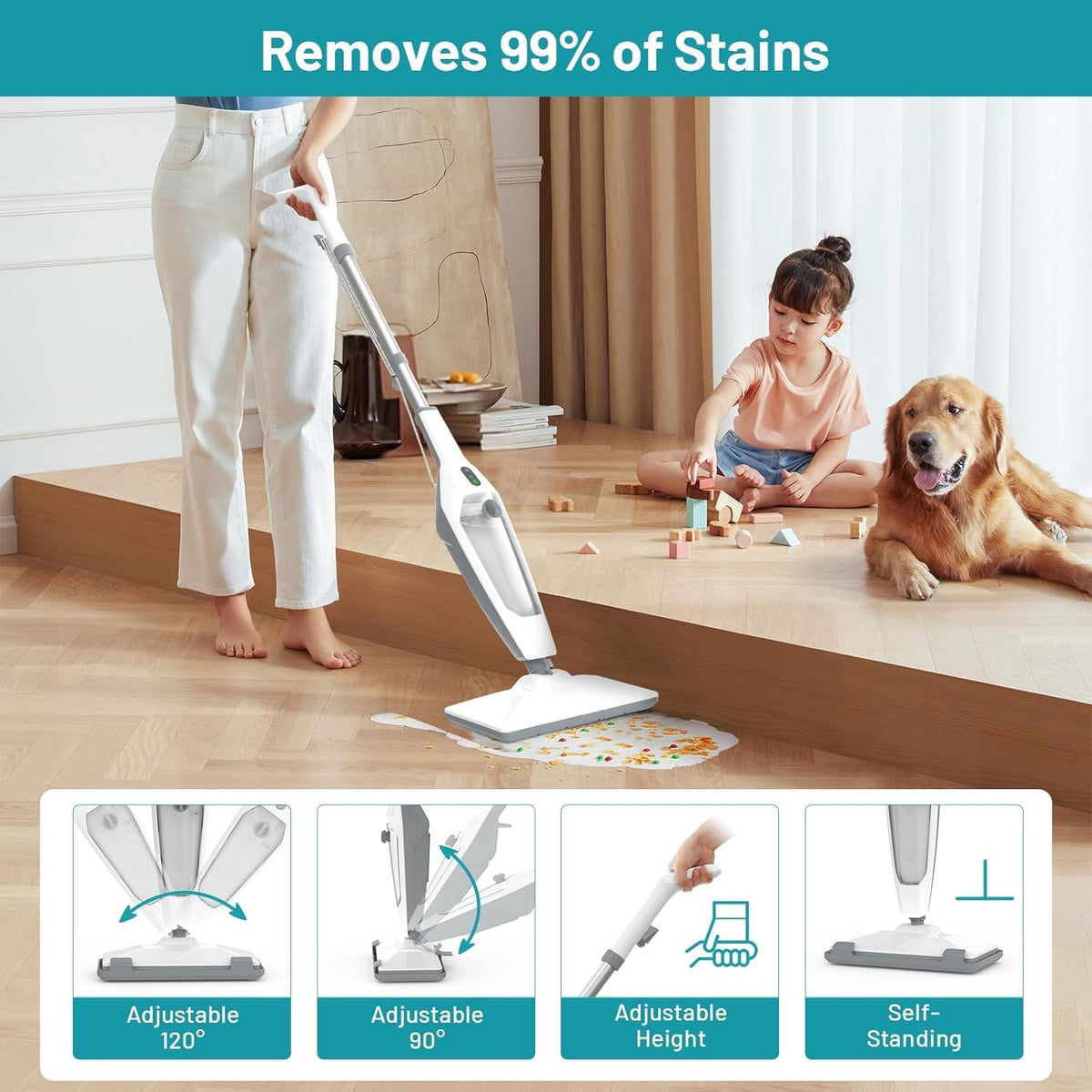 PEEH steam mop with 23 ft cord and 120° swivel for easy reach