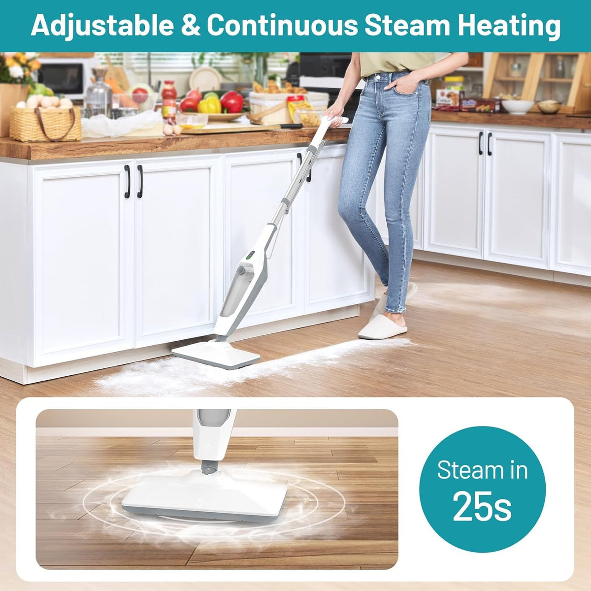 PEEH steam mop heats up in 20–30 seconds for quick chores