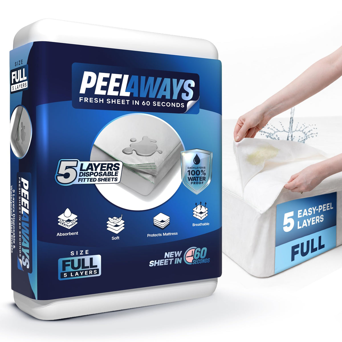 PeelAways 5-layer bed sheet being peeled away for quick, hygienic changes.