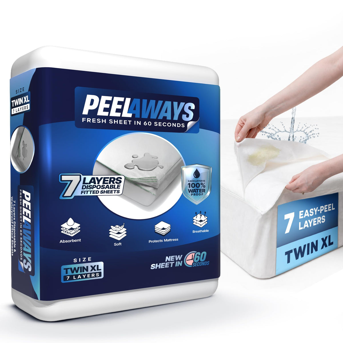 PEELAWAYS seven-layer system on a bed showing easy changes