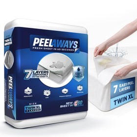 PEELAWAYS seven-layer system on a bed showing easy changes