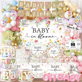 Peghoqu Baby in Bloom banner set creates a soft, floral backdrop for a baby shower.